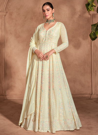 Wedding Light Yellow Georgette Chinon Silk Chikankari Sequins Embroidered Anarkali Gown With Dupatta