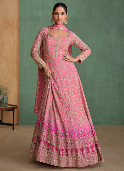 Real Georgette Pink Ombré Sequins Embroidered Wedding Anarkali Gown With Dupatta