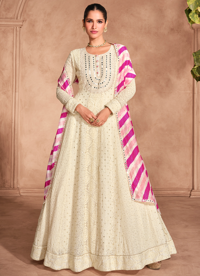 Real Georgette Chikankari Embroidery Off White Readymade Festive Anarkali Dress