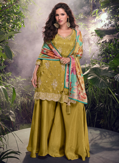 Golden Olive Chinon Silk Sequins Embroidered Party Wear Readymade Sharara Suit