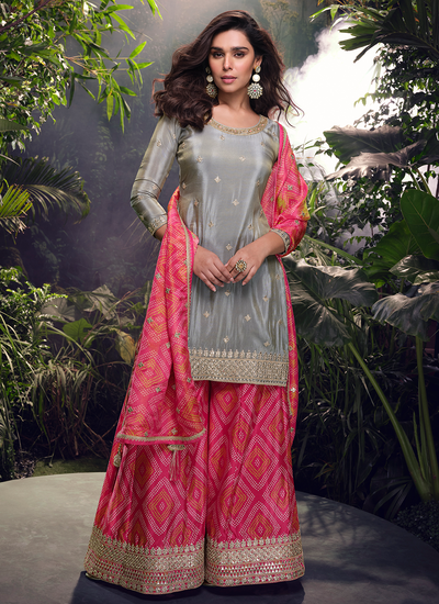 Party Wear Chinon Silk Grey Sequins Embroidered Readymade Sharara Suit