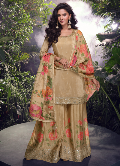 Readymade Party Wear Chinon Silk Gold Sequins Embroidered Sharara Suit