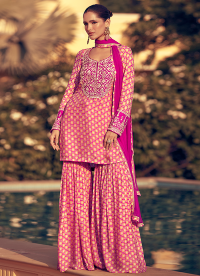 Magenta Embroidered Chinon Party Wear Readymade Sharara Suit