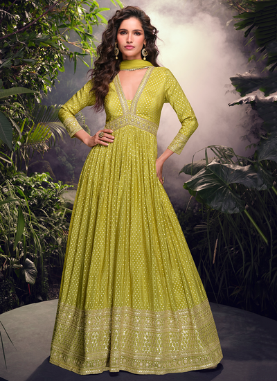 Designer Pear Green Viscose Jacquard Sequins Embellished Wedding Anarkali Gown With Dupatta