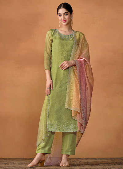 Parrot Green Soft Organza Crystal Work Mehendi Wear Salwar Suit