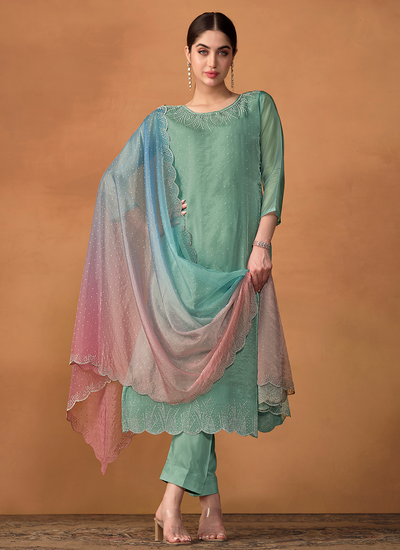 Soft Organza Sea Green Crystal Work Sangeet Wear Salwar Suit