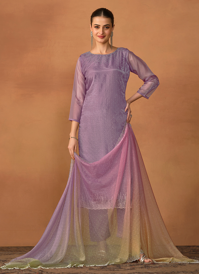 Soft Organza Crystal Work Sangeet Wear Salwar Suit In Lavender