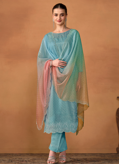 Soft Organza Crystal Work Sangeet Wear Sky Blue Salwar Suit