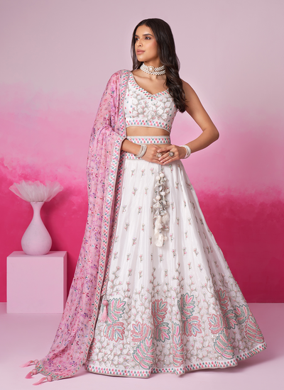 Cream Chiffon Sequins And Thread Embroidery Lehenga Choli