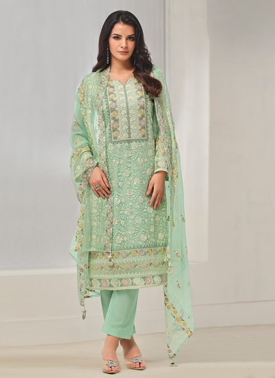 Organza Pastel Green Jarkan Embroidered Pakistani Salwar Suit