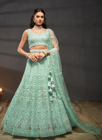 Cutdana Sequins Embroidery Turquoise Net Lehenga Choli