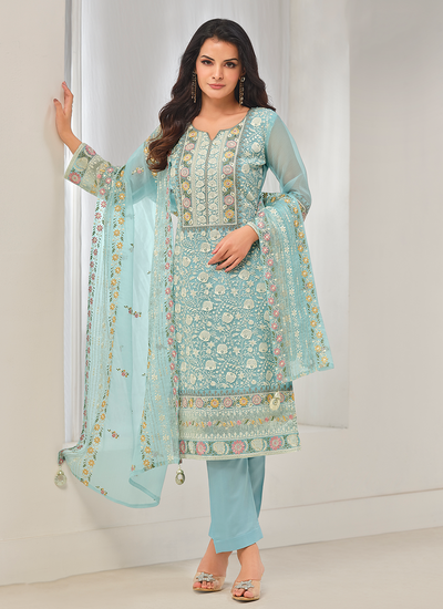 Organza Jarkan Embroidered Pakistani Salwar Suit In Powder Blue