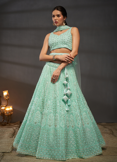 Party Wear Turquoise Net Sequins Embroidery Lehenga Choli