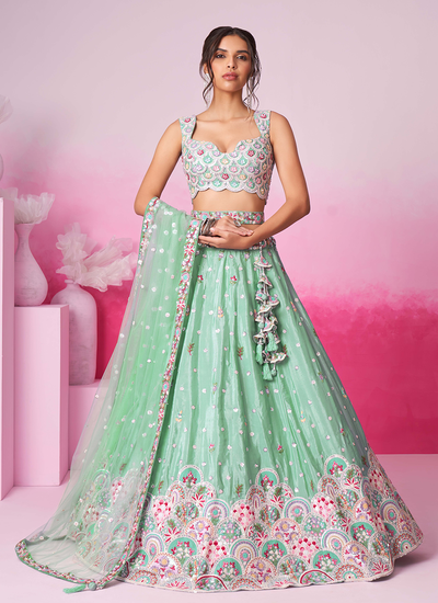 Chiffon Sea Green Sequins Thread Embroidery Lehenga Choli