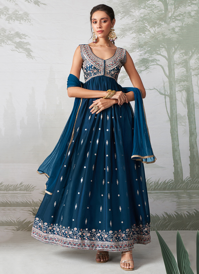 Georgette Festive Wear Readymade Peacock Blue Sequins Embroidered Anarkali Suit