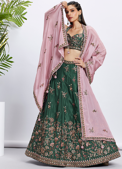 Chiffon Green Zarkan Sequins Cording Embroidered Engagement Lehenga Choli