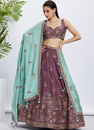 Chiffon Zarkan Sequins Cording Embroidered Dark Mauve Engagement Lehenga Choli