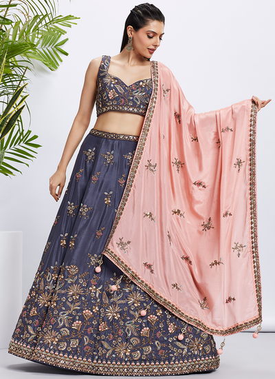 Engagement Chiffon Zarkan Sequins Cording Embroidered Lehenga Choli In Violet