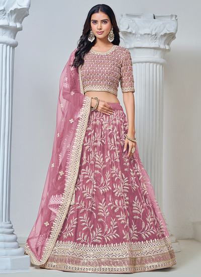 Designer Onion Pink Festive Wear Net Sequins Thread Embroidered Lehenga Choli