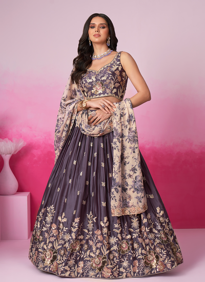 Purple Satin Silk Sequins Embroidery Designer Lehenga Choli