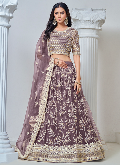 Net Purple Mauve Festive Wear Sequins Thread Embroidered Lehenga Choli