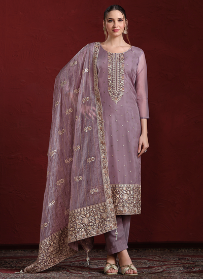 Latest Mauve Sequins Embroidered Pakistani Organza Pant Style Salwar Suit