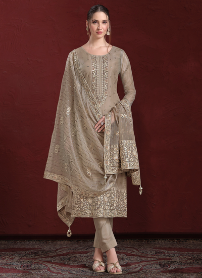 Sequins Embroidered Dark Beige Organza Pakistani Pant Style Salwar Suit