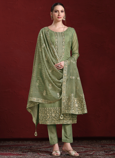 Pista Green Sequins Embroidered Pakistani Organza Pant Style Salwar Suit