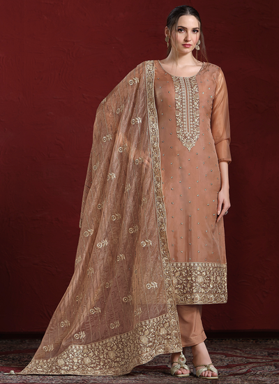 Organza Sequins Embroidered Dark Peach Pakistani Pant Style Salwar Suit