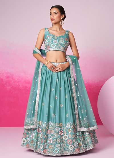 Turquoise Georgette Sequins Thread Embroidery Lehenga Choli