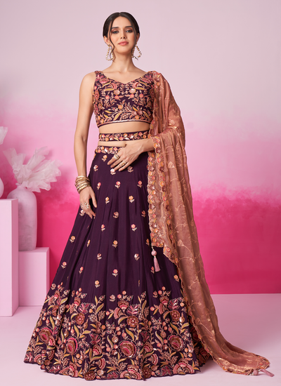 Burgundy Engagement Chiffon Patch Work Sequins Cording Embroidered Lehenga Choli