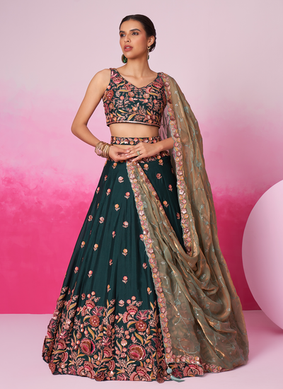 Chiffon Engagement Patch Work Sequins Cording Embroidered Green Lehenga Choli