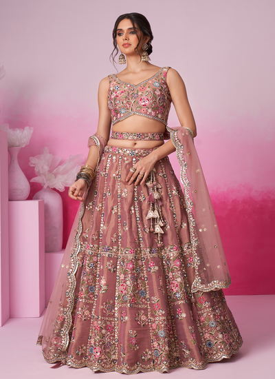 Net Engagement Rose Gold Moti Work Sequins Cording Embroidered Lehenga Choli