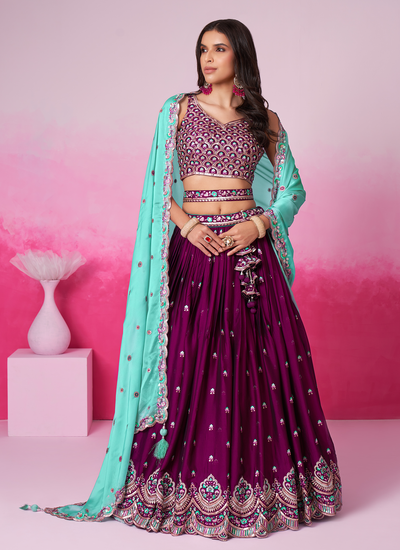 Wine Georgette Engagement Sequins Cording Embroidered Lehenga Choli