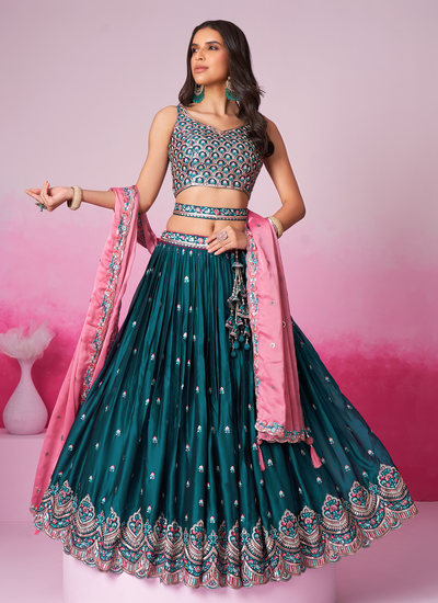 Sequins Cording Embroidered Georgette Engagement Teal Lehenga Choli