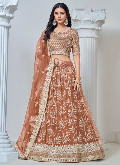 Festive Wear Sequins Thread Embroidered Brown Net Lehenga Choli