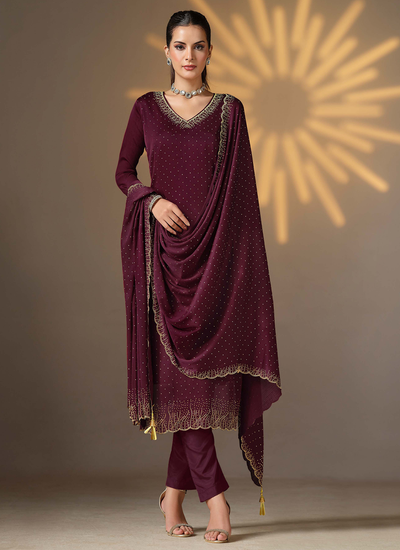 Wine Heavy Swarovski Work Soft Satin Chiffon Pakistani Pant Salwar Suit