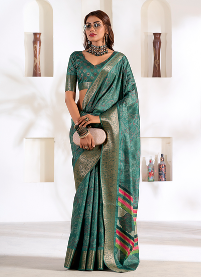 Foil Printed Dola Silk Bridesmaid Saree In Teal