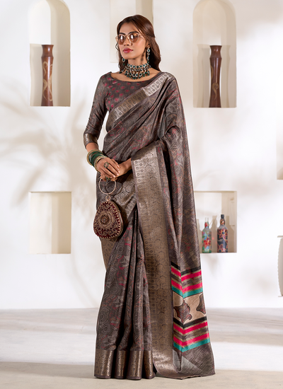 Foil Printed Wenge Brown Dola Silk Bridesmaid Saree