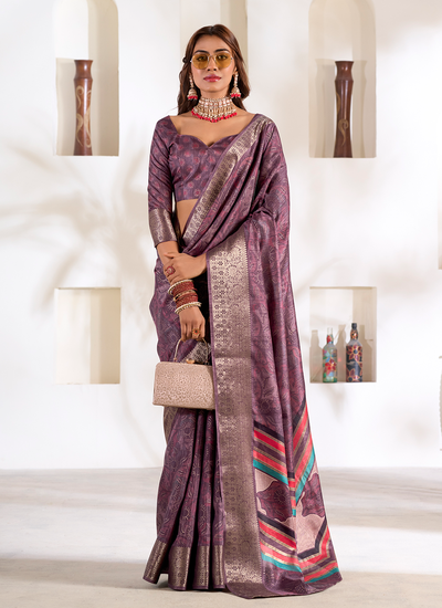 Dola Silk Dark Mauve Foil Printed Bridesmaid Saree