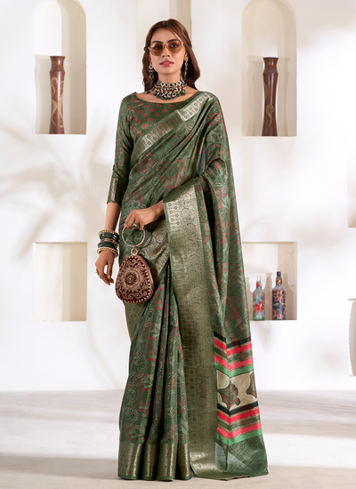 Dola Silk Foil Printed Mehendi Green Bridesmaid Saree