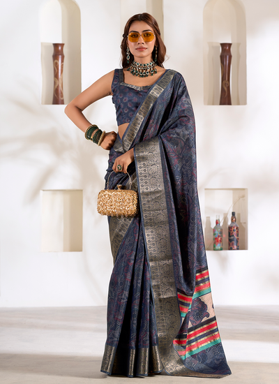 Midnight Blue Dola Silk Foil Printed Bridesmaid Saree