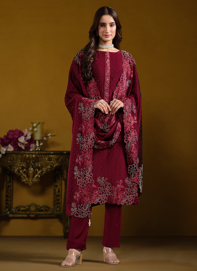 Deep Red Georgette Party Wear Swarovski Embroidered Pant Salwar Suit