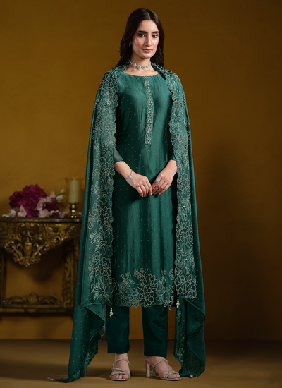 Georgette Party Wear Dark Green Swarovski Embroidered Pant Salwar Suit