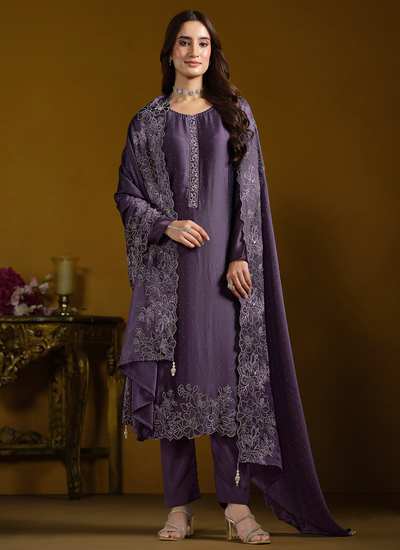 Faded Purple Georgette Party Wear Swarovski Embroidered Pant Salwar Suit