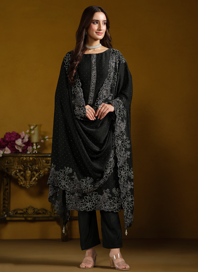 Swarovski Embroidered Georgette Party Wear Black Pant Salwar Suit