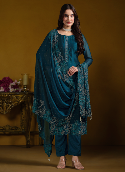 Peacock Blue Georgette Swarovski Embroidered Party Wear Pant Salwar Suit