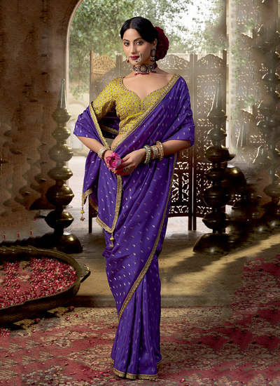 Viscose Zari Woven Violet Festive Wear Saree With Contrast Embroidered Blouse