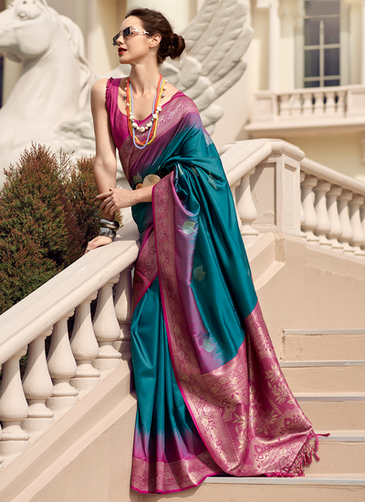 Fancy Teal Soft Silk Weaving Festival Saree With Beautiful Contrast Border And Blouse