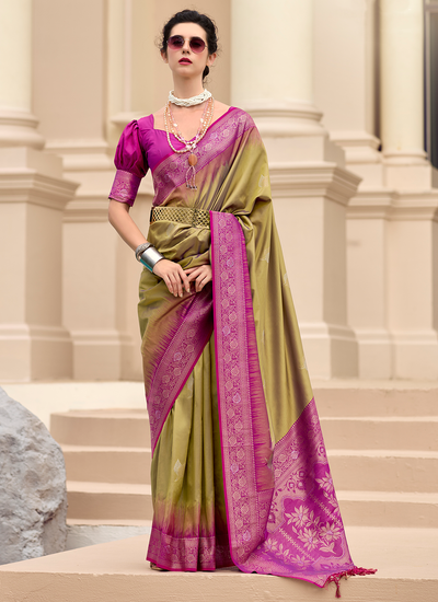 Bridesmaid Soft Silk Golden Olive Weaving Saree With Beautiful Contrast Border And Blouse